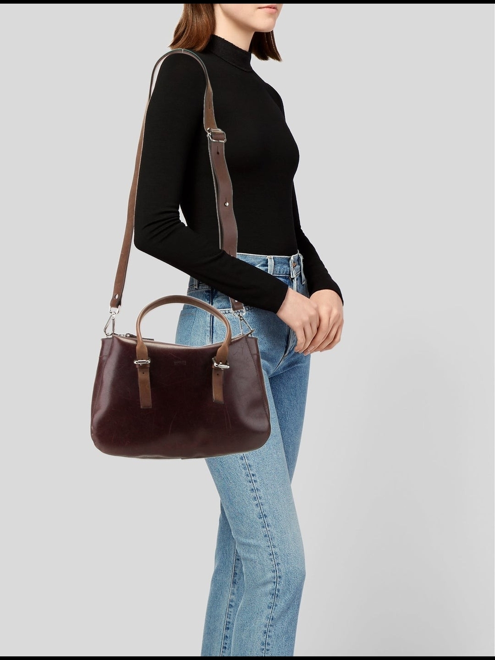 M0851 Two-Tone Leather Shoulder Bag in Burgundy and Brown - Picture 4 of 6